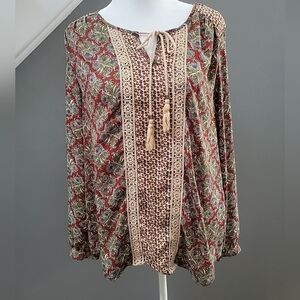 Daniel Rainn Womens Med Pattern Long Sleeve Boho Crochet Tassel Blouse Flowy